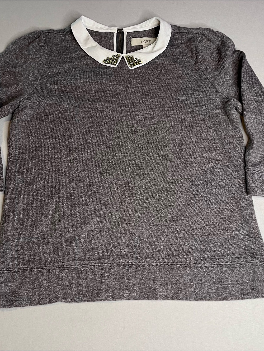 LOFT Heather Gray Crewneck Sweater with White Embellished Collar